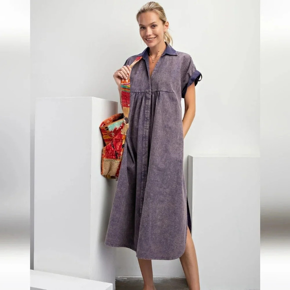 New! Easel Short Sleeve Linen Blend Mineral Washed Midi Dress - Picture 1 of 5